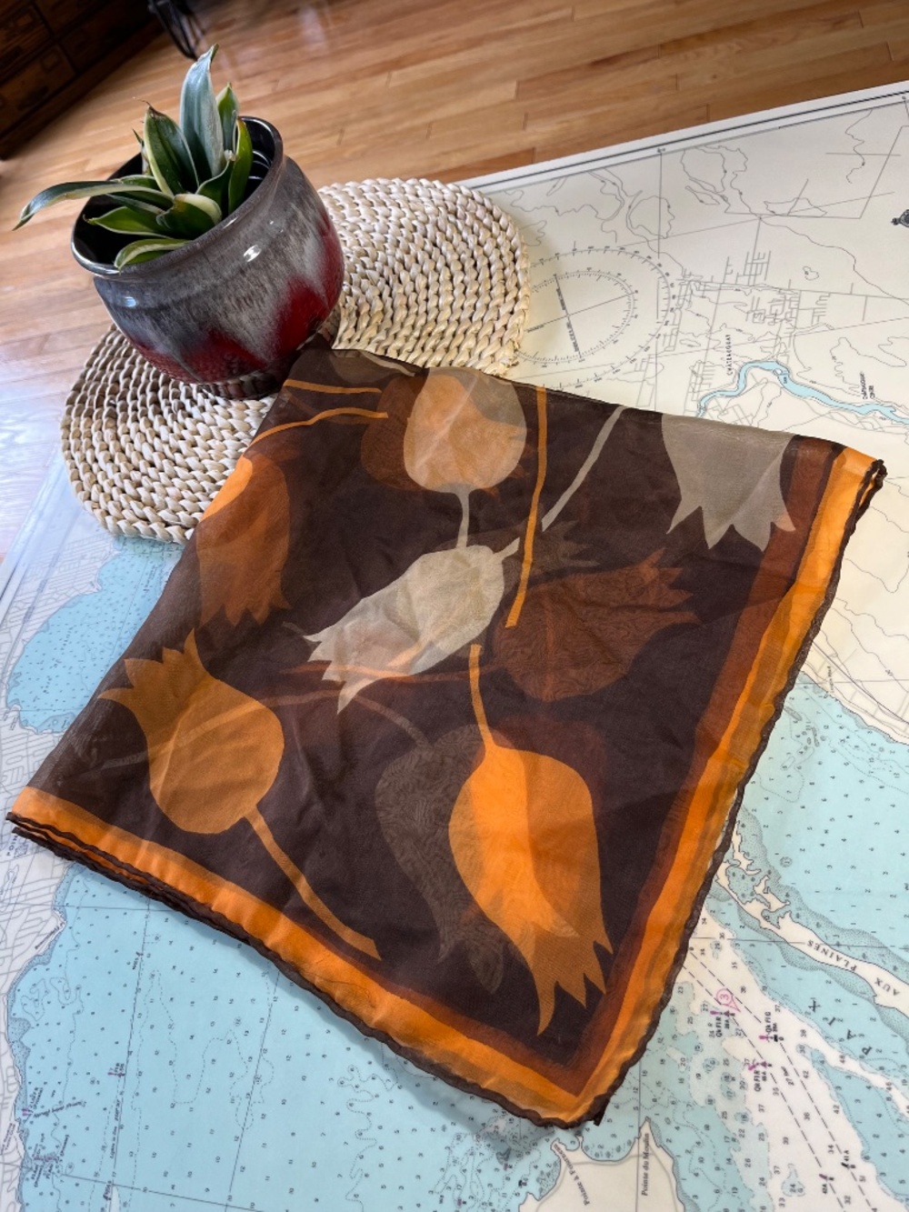 Vintage Tulip Pattern Brown and Orange Sheer Scarf - Picture 5 of 5